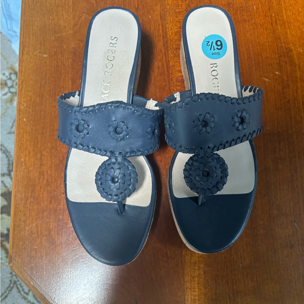 NEW JACK ROGERS Navy Blue Leather with Cork Heel Sandal size 6 1/2